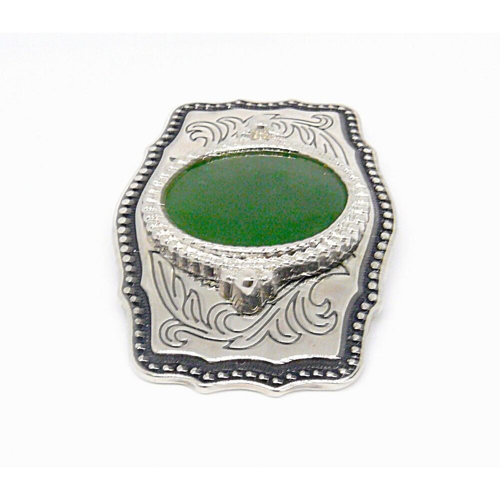 Belt Buckle Green Stone Silver Tone Setting Unisex Scroll Design USA Vintage - Picture 2 of 4